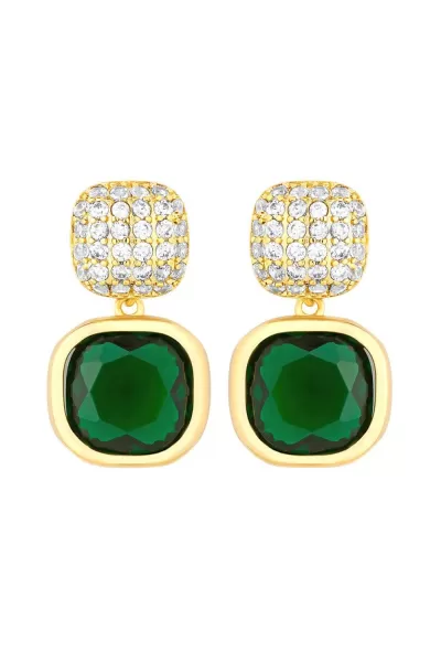 Image of Gold Plated Pave And Emerald Drop Earrings