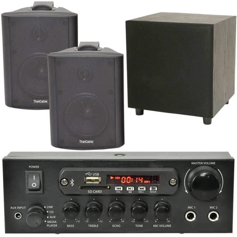 Image of Loops PREMIUM TV Sound System Black Wall Speakers 200W Subwoofer & Bluetooth Amp Kit Black unisex