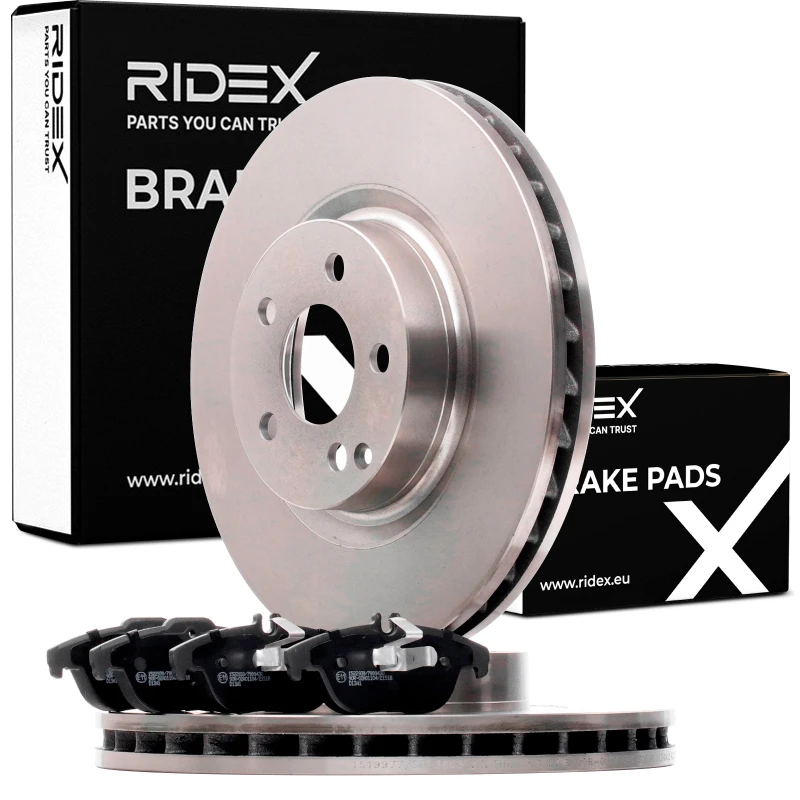 Image of RIDEX 3405B1111 Brake disc and pads set Front Axle, Brake Disc Type: internally vented, prepared for wear warning indicator Brake Set,disc brakes (34