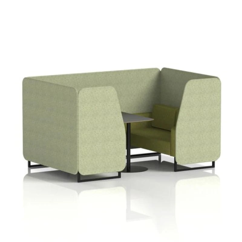 Image of Brixworth 4 Seater Office Booth with Front Panel - Black Legs and Black Table with Black Leg in Rivet Fabric - Burnish Panels and Olive Sofa