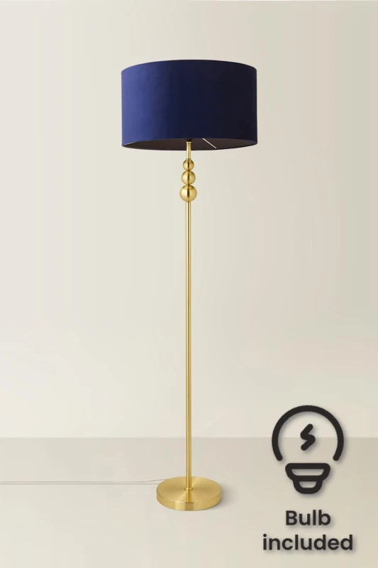 Image of ValueLights ValueLights Marissa Velvet Drum Shade with Brushed Gold Stacked Floor Lamp with LED Bulb in Navy Navy One Size Unisex 5059406051852
