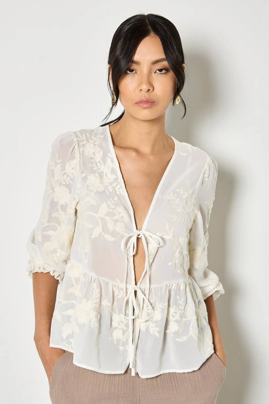 Image of Apricot Womens Embroidered Floral Chiffon Top in Cream Size: 8 Cream Female 8