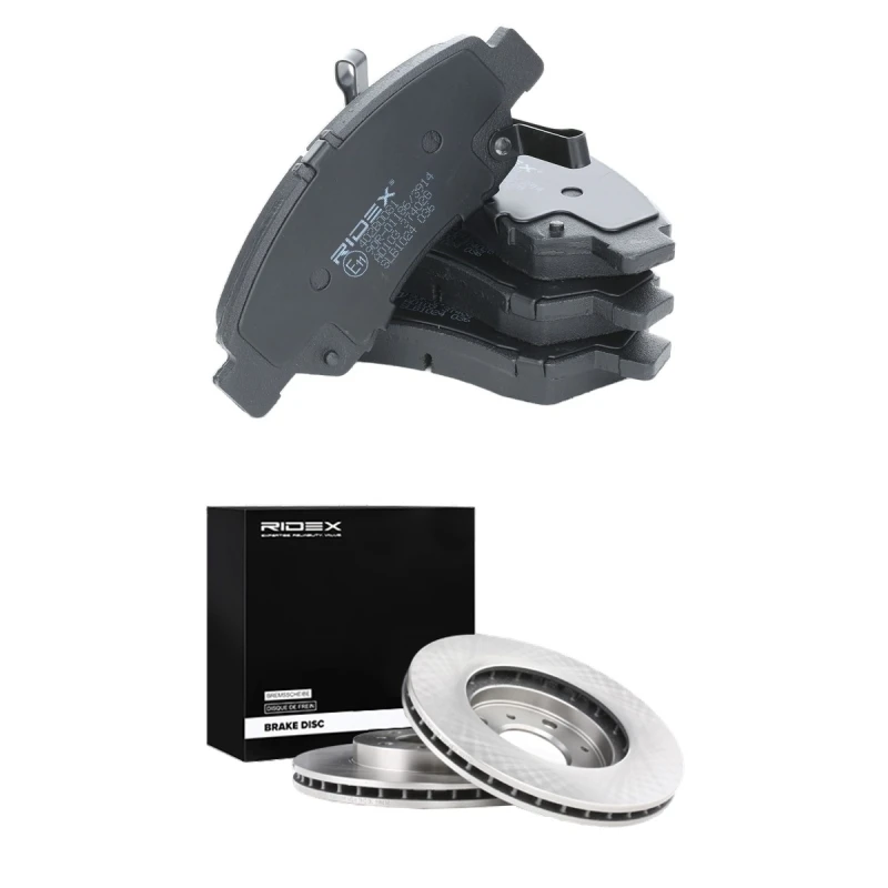 Image of RIDEX 3405B2007 Brake disc and pads set Front Axle, Brake Disc Type: internally vented, with acoustic wear warning Brake Set,disc brakes (3405)
