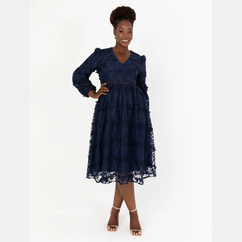 Image of Maya Deluxe Maya 3D Floral Embroidered Maxi Sleeve Midi Dress Navy female 8 (XS)