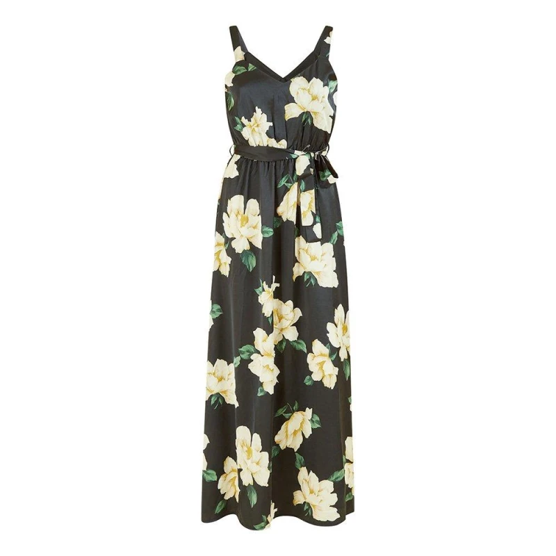 Image of Mela Black Satin Floral Print Maxi Dress Black female