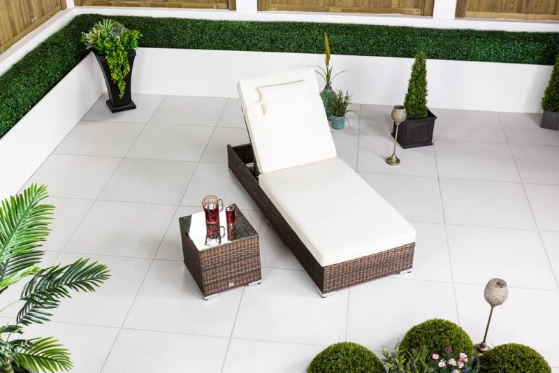 Image of Thats Furniture Rattan Sun Lounger & Table Set Sun bed 6 Recline Positions + Cover in Brown Brown Unisex