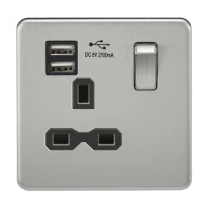 Image of KnightsBridge 1G 13A Screwless Brushed Chrome 1G Switched Socket with Dual 5V USB Charger Ports - Black Insert