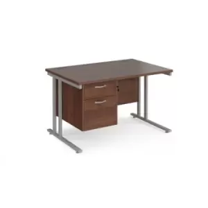 Image of Office Desk Rectangular Desk 1200mm With Pedestal Walnut Top With Silver Frame 800mm Depth Maestro 25 MC12P2SW