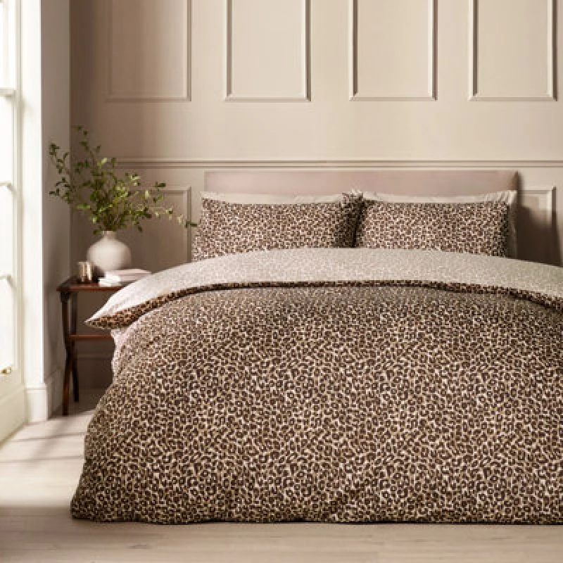 Image of Catherine Lansfield Animal Print So Soft Reversible Double Duvet Cover Set With Pillowcases Brown