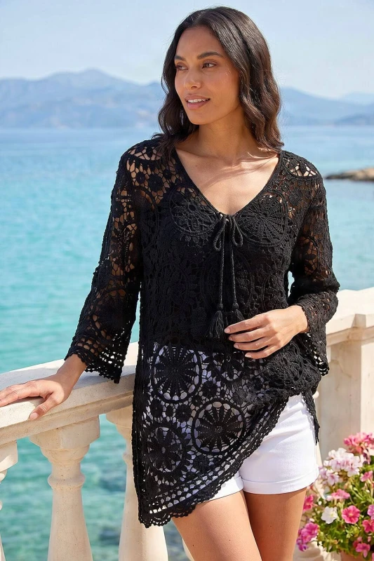 Image of Roman Womens Crochet Tie Front Knit Tunic in Black Size: Small Black Female S