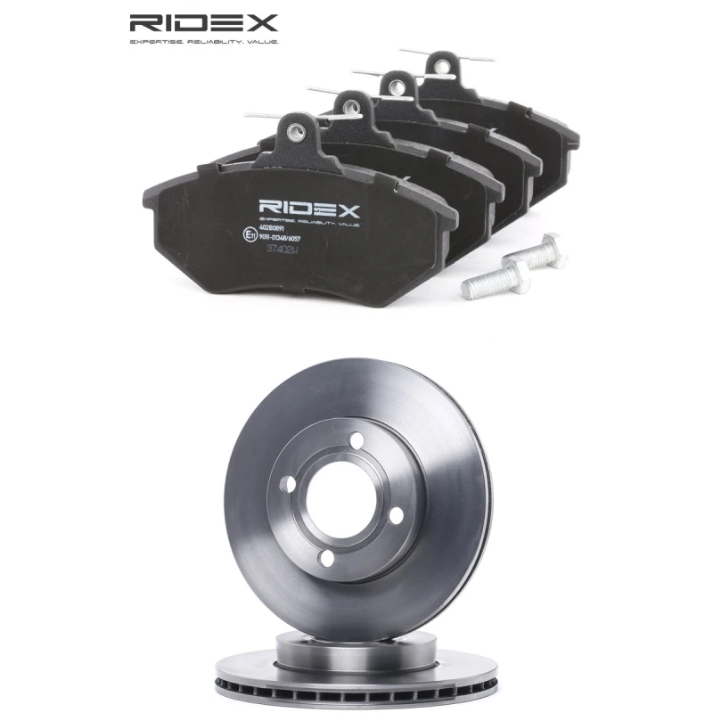 Image of RIDEX 3405B2071 Brake disc and pads set without accessories, Front Axle, Brake Disc Type: internally vented, not prepared for wear warning indicator