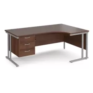 image of Office Desk Right Hand Corner Desk 1800mm With Pedestal Walnut Top With Silver Frame 1200mm Depth Maestro 25 MC18ERP3SW