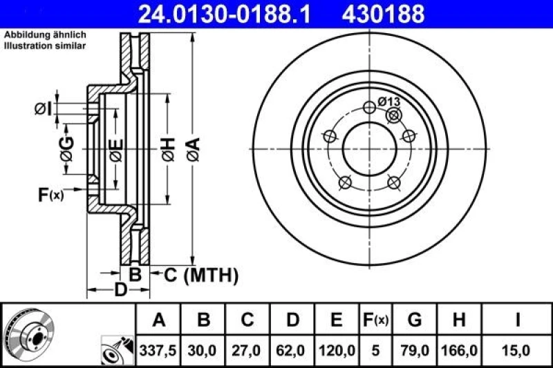 Image of ATE 24.0130-0188.1 Brake disc Vented, Coated Brake Disc (82)