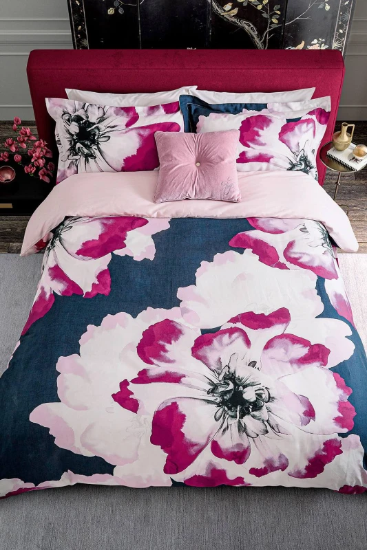 Image of Ted Baker 'Inky Bloom' Cotton Duvet Cover Set in Navy Size: Super King Navy Unisex Super King