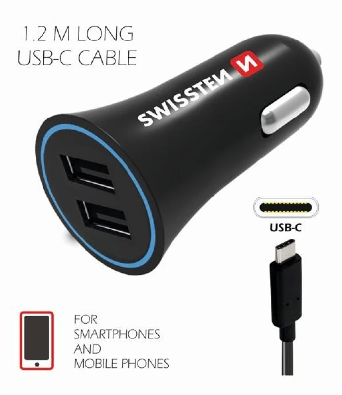 Image of SWISSTEN 20110908 Car mobile phone charger black, 1.2m, Number of inlets/outlets: 2 Car mobile phone charger (100026)