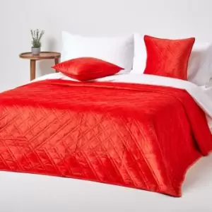 Image of Luxury Burnt Orange Quilted Velvet Bedspread Geometric Pattern 'Paragon Diamond' Throw, 200 x 200cm - Terracotta - Terracotta - Homescapes