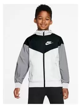 image of Nike Boys NSW Windrunner Hooded Jacket - White/Black, Size M=10-12 Years