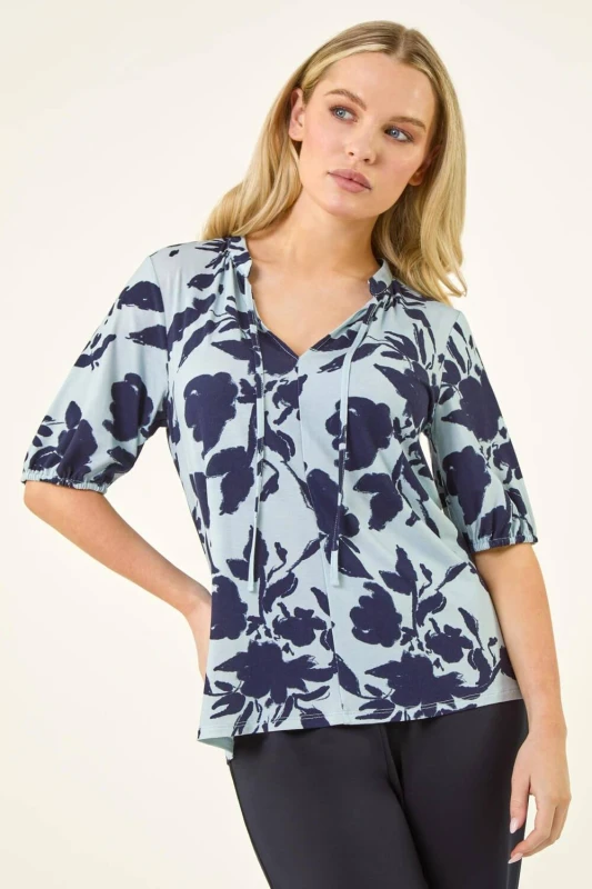 Image of Roman Womens Petite Floral Tie Front Top in Blue Size: 14 Blue Female 14