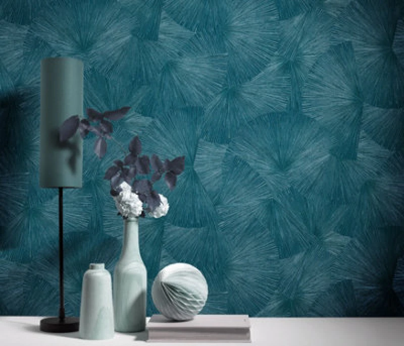 Image of Erismann Luxurious Designer Japandi Fan Design Textured Vinyl Wallpaper With Metallic Highlights In Teal