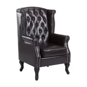 Image of HOMCOM Antique High Back Chair PU Leather Seat Chesterfield Type Armchair Queen Anne Fireside Chair w/ Cushion (Brown)