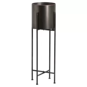 image of 84cm Large Gun Metal Grey Cylindrical Planter On Black Frame