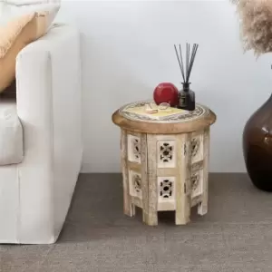 Image of Beautiful Round Carved Wooden Coffee Table Side End Table [Beige, Small 12'x12'x12'] - Beige