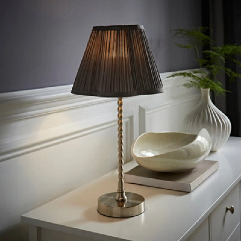 Image of ValueLights ValueLights Maeve Dark Grey Pleat Faux Silk Scallop Shade Chrome Bobbin Table Lamp with Bulb in Silver Silver One Size Unisex 505940606709