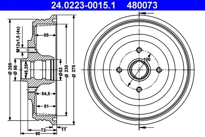 Image of ATE 24.0223-0015.1 Brake Drum 275,0mm, without wheel bearing Brake Drum (123)