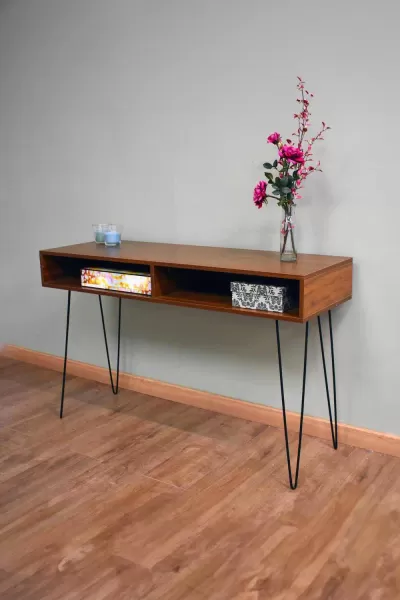 image of Industrial Style Walnut Effect Open Shelved Desk / Console Table