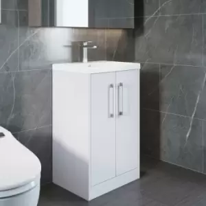 image of Hudson Reed Juno Floor Standing 2-Door Vanity Unit with Basin 3 500mm Wide - White Ash