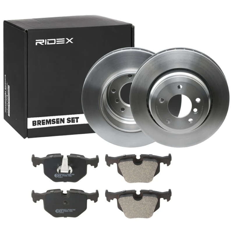 Image of RIDEX 3405B1236 Brake disc and pads set Rear Axle, Brake Disc Type: Vented, prepared for wear warning indicator, with anti-squeak plate Brake Set,dis