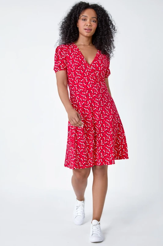 Image of Roman Womens Petite Ditsy Wrap Stretch Dress in Red Size: 16 Red Female 16