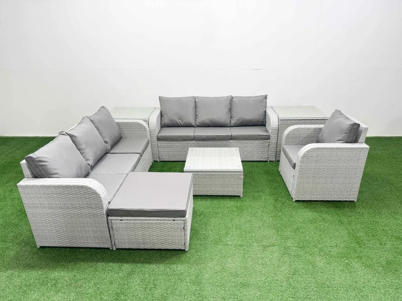 Image of Fimous 8 Seater Poly Rattan Outdoor Garden Furniture Square Coffee Table Sofa Set Patio 3 Seater Sofa Reclining Chair 3 Seater Sofa Big Footstool 2 Si