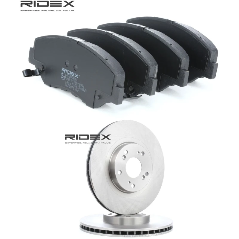Image of RIDEX 3405B2814 Brake disc and pads set Front Axle, Brake Disc Type: internally vented, with acoustic wear warning Brake Set,disc brakes (3405)