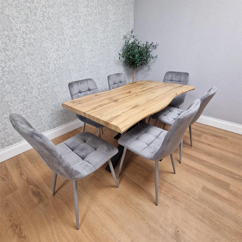 Image of Kosy Koala Dining Furniture Set Of Brown Wood Table And 6 Luxurious Grey Velvet Chairs, Multi DK140+6GY ROCO