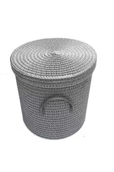 image of Woven Round Laundry Basket Bin Lined Lid PVC Handle XLarge 40 x 43 cm