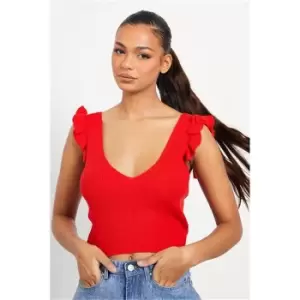 Image of I Saw It First Red Flutter Sleeve Knitted Crop Top - Red