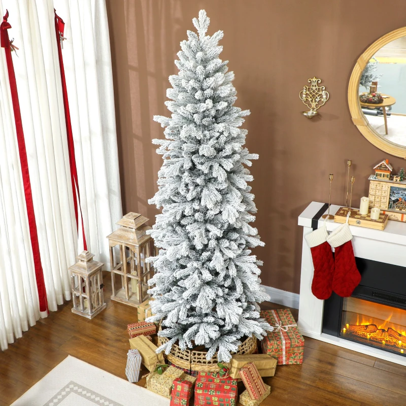 Image of HOMCOM 7ft Pencil Christmas Tree with Snow, Realistic Tips, Easy Assembly in Green Green Unisex 7ft