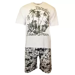 Image of Cargo Bay Mens Paradise Island Dream Marl T-Shirt & Shorts Pyjama Set (M) (Ecru Marl/Khaki)