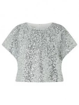 image of Monsoon Girls Dawn Sequin Flutter Sleeve Top - Silver