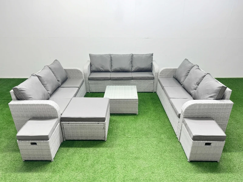 Image of Fimous PE Rattan Lounge Sofa Set 12 Seater Outdoor Garden Furniture Set with Square Coffee Table 3 Seater Sofa 3 Stools Light Grey Light Grey