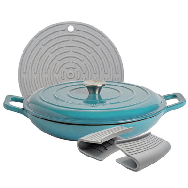 Image of Argon Tableware Shallow Cast Iron Casserole Dish - 2.3L Teal Enamel Finish, Oven Safe Dutch Oven Cookware With Lid