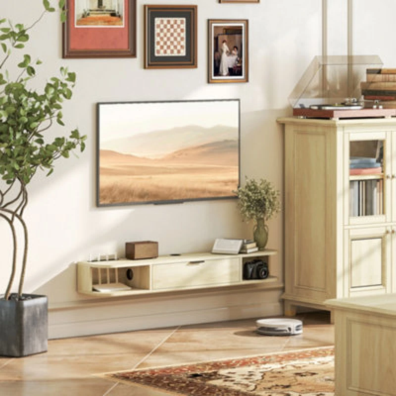 Image of HOMCOM HOMCOM 120cm Floating TV Unit with Flip Drawer and Shelves, Natural Natural One Size Unisex 5063603515529