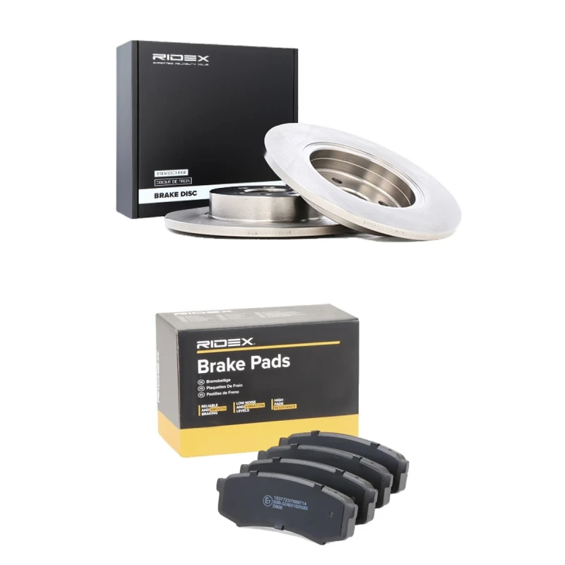 Image of RIDEX 3405B2483 Brake disc and pads set Rear Axle, Brake Disc Type: Solid, with acoustic wear warning Brake Set,disc brakes (3405)