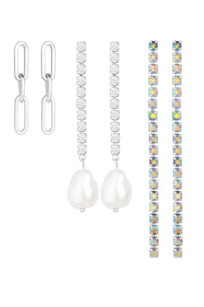 image of Silver Crystal Linear Pearl Charm Drop Earrings - Pack Of 3