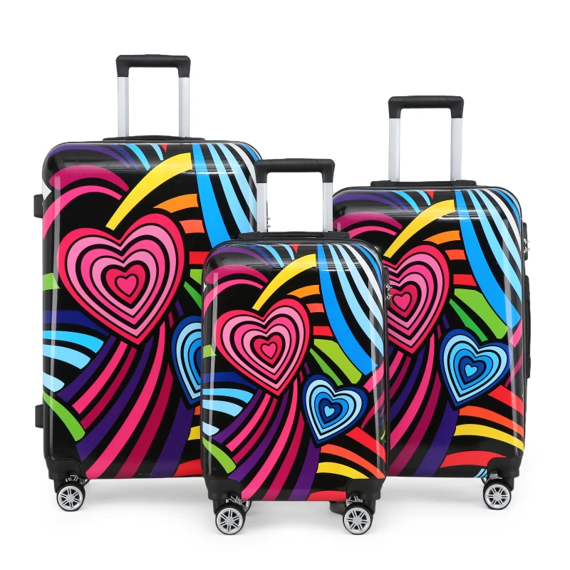 Image of Infinity Leather Printed Hard Shell Dual 4 Wheel Luggage Suitcase Set of 3 in Black Unisex