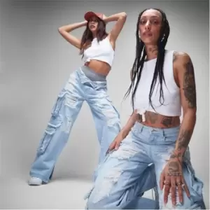 Image of Missguided Distressed Wide Leg Cargo Jeans - Blue