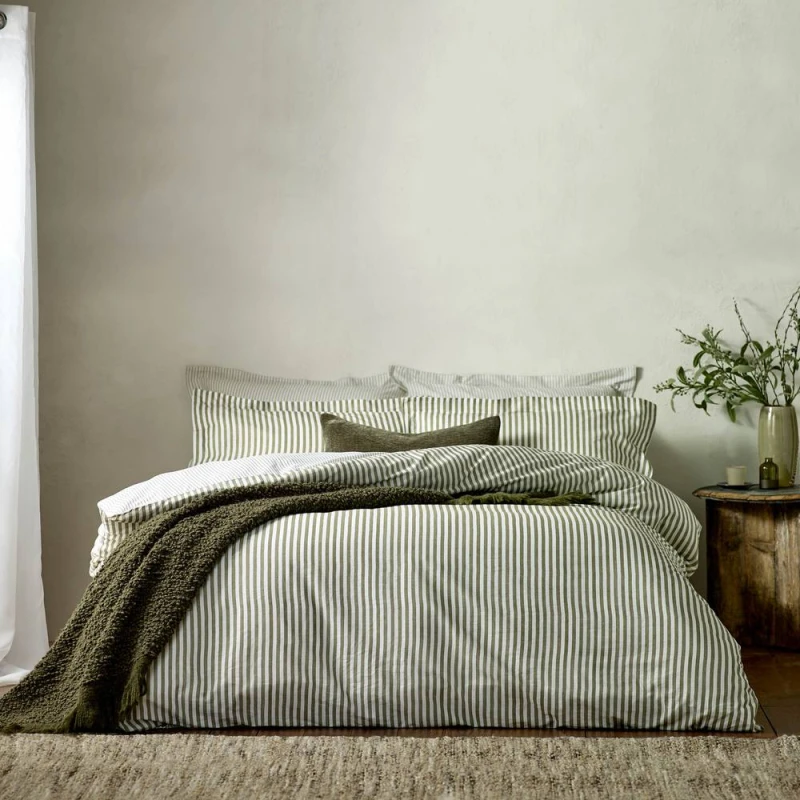Image of Yard Hebden Striped 100% Cotton Duvet Cover Set in Olive Size: Double Olive Unisex Double