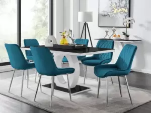Image of Giovani Rectangular 6 Seat White High Gloss Unique Halo Base Dining Table Black Glass Top 6 Soft Velvet Silver Leg Pesaro Chairs