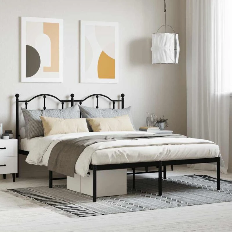 Image of Vidaxl Metal Bed Frame Without Mattress With Headboard Black 140X190 Cm, Black 353439